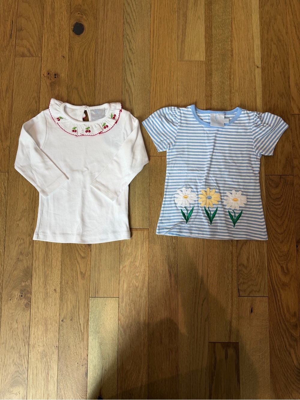 🌸 Little English 2T Bundle Cherry Collar & Daisy Appliqué Tees